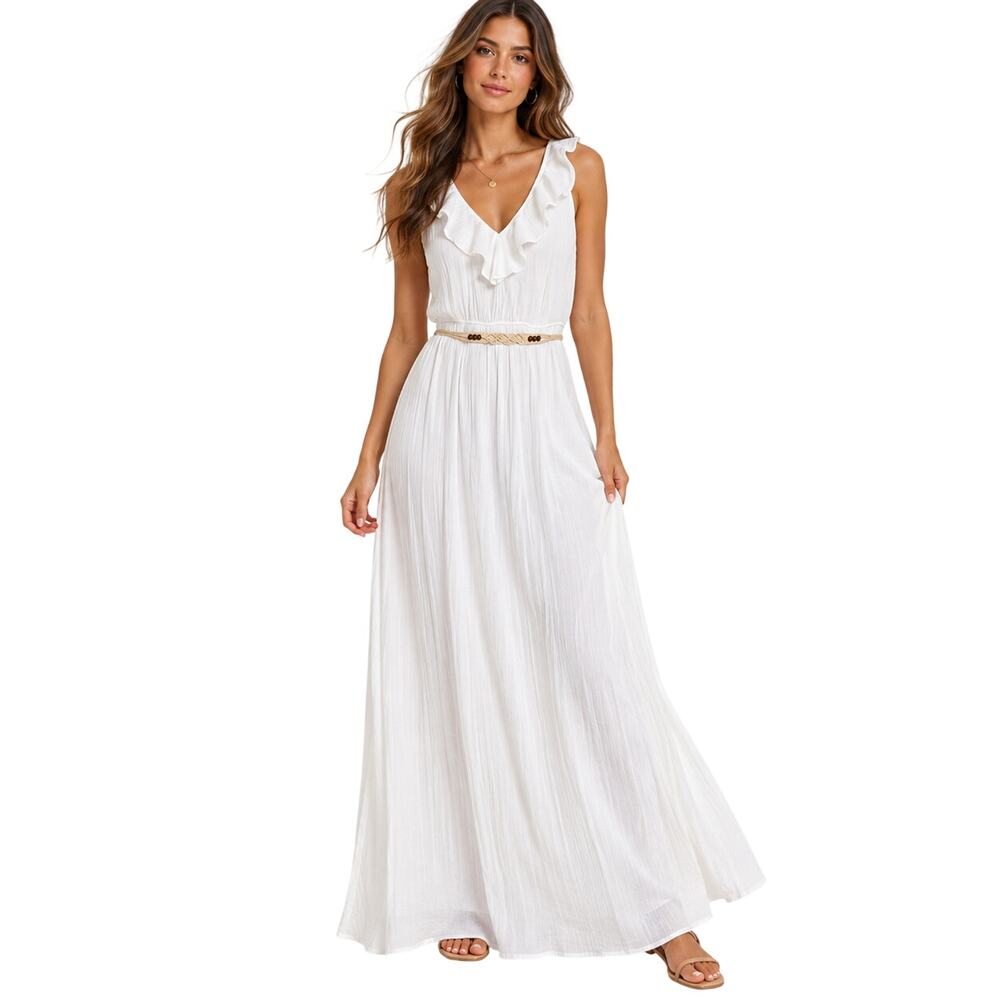 Apt 9 Paper White Crepe Chiffon Flowy Boho Belted Ruffle Neck Maxi Dress LARGE